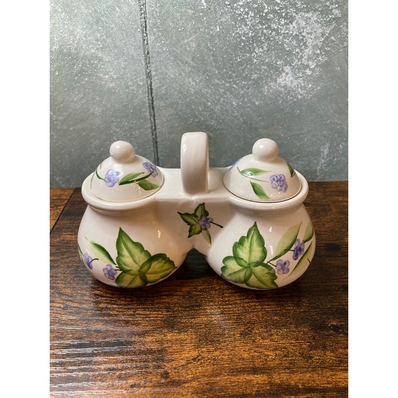 Designpac Inc Ceramic Double Jam Condiment Pot Hand Painted Floral Purple Green - Picture 3 of 5
